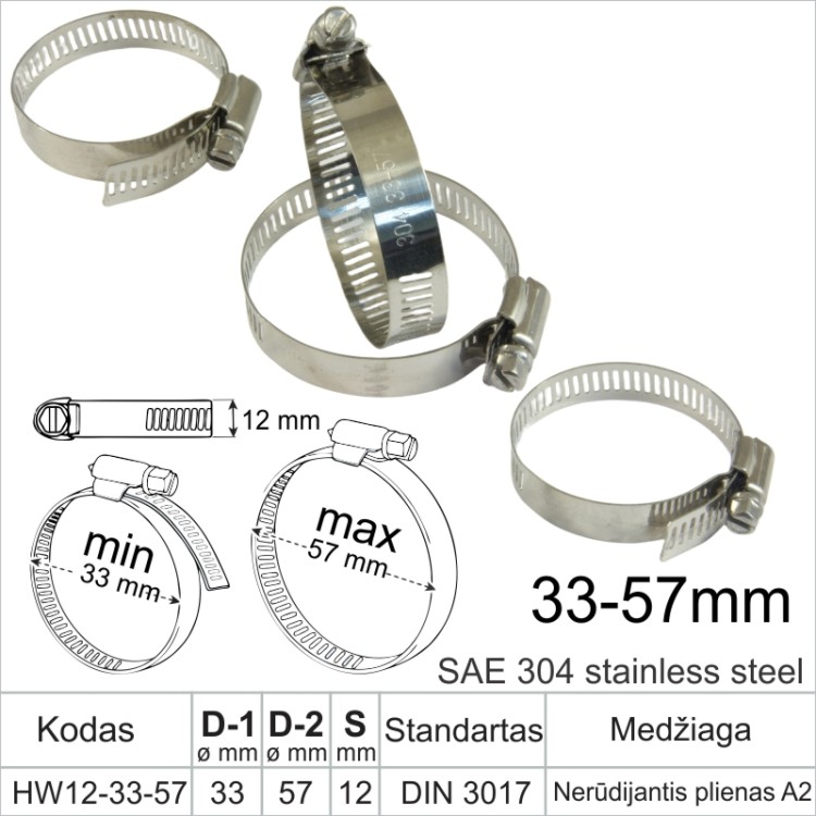 Sąvarža 33-57 mm, plotis 12 mm, nerūdijantis plienas A2, 304 SS