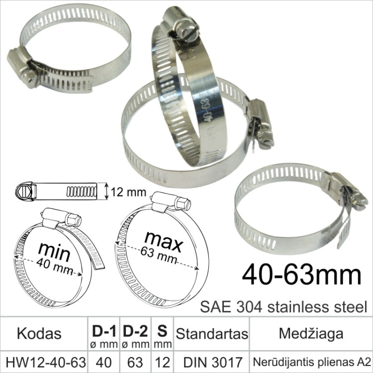 Sąvarža 40-63 mm, plotis 12 mm, nerūdijantis plienas A2, 304 SS
