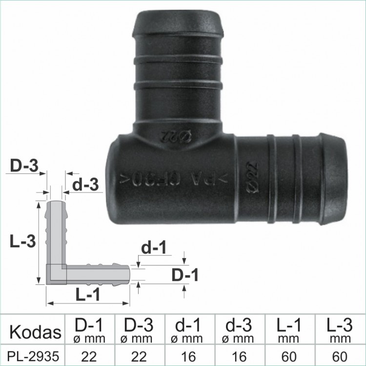 L formos 22 mm x 22 mm vamzdelių sujungimai plastmasiniai