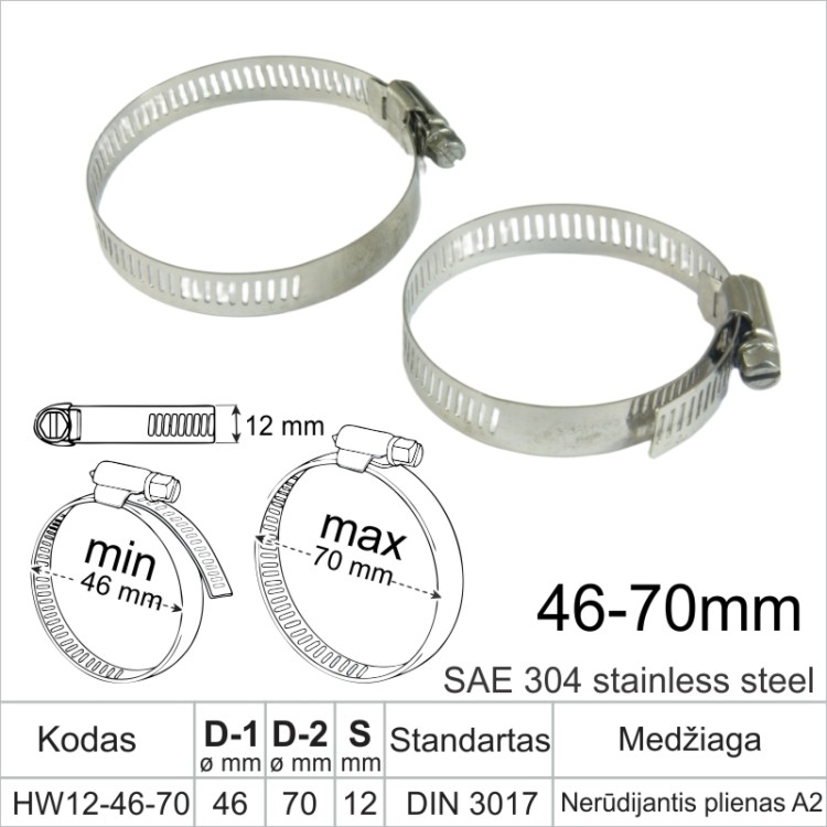 Sąvarža 46-70 mm, plotis 12 mm, nerūdijantis plienas A2, 304 SS