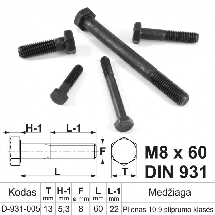 M8 x 60 Varžtai šešiakampe galvele nepilnu sriegiu (8x1,25) DIN931 plienas 10.9 klasė be padengimo