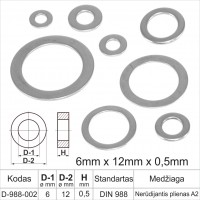 6mm x 12mm x 0,5mm Nerūdijantis plienas A2 plonos poveržlės plokščios atraminiai žiedai DIN 988 žiedas, tarpinės (šaiba)