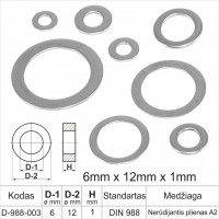 6mm x 12mm x 1mm Nerūdijantis plienas A2 plonos poveržlės plokščios atraminiai žiedai DIN 988 žiedas, tarpinės (šaiba)