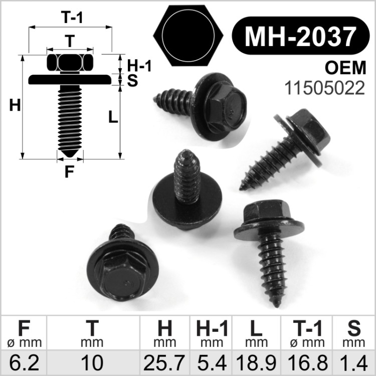 6.2x18.9mm / 16.8 Savisriegis su šešiakampe galvute ir poveržle, juodi varžtai automobiliams tinka OEM 11505022
