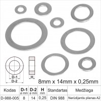 8mm x 14mm x 0,25mm Nerūdijantis plienas A2 plonos poveržlės plokščios atraminiai žiedai DIN 988 žiedas, tarpinės (šaiba)