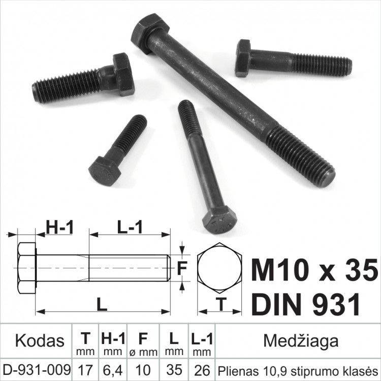 M10 x 35 Varžtai šešiakampe galvele nepilnu sriegiu (10x1,5) DIN931 plienas 10.9 klasė be padengimo