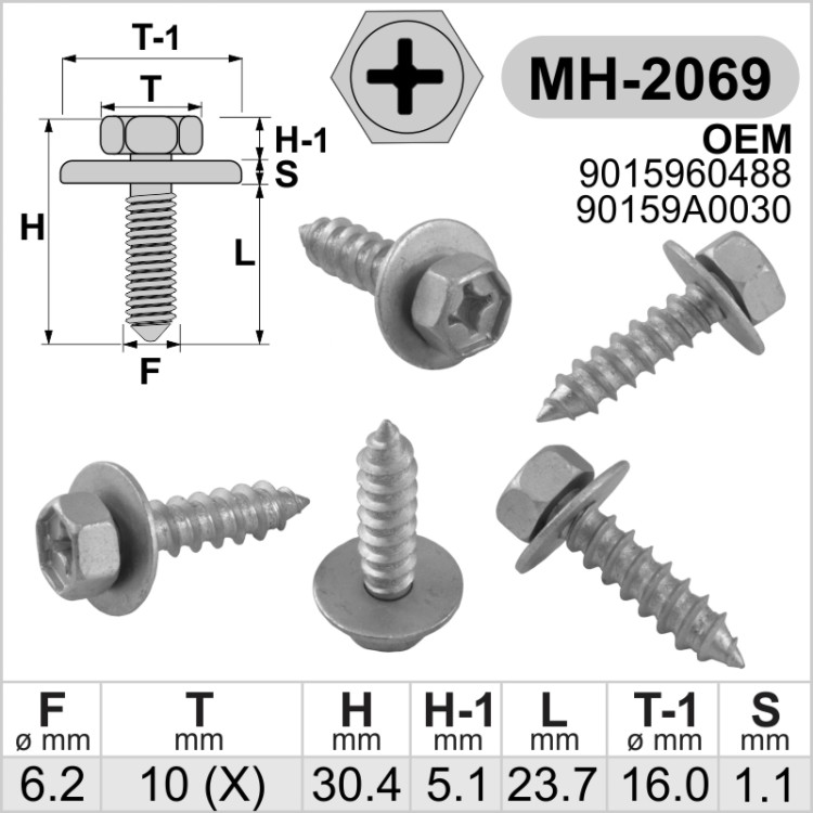 6.2x23.7mm / 16 Savisriegis su šešiakampe galvute ir poveržle, varžtai automobiliamstinka OEM 9015960488, 90159A0030