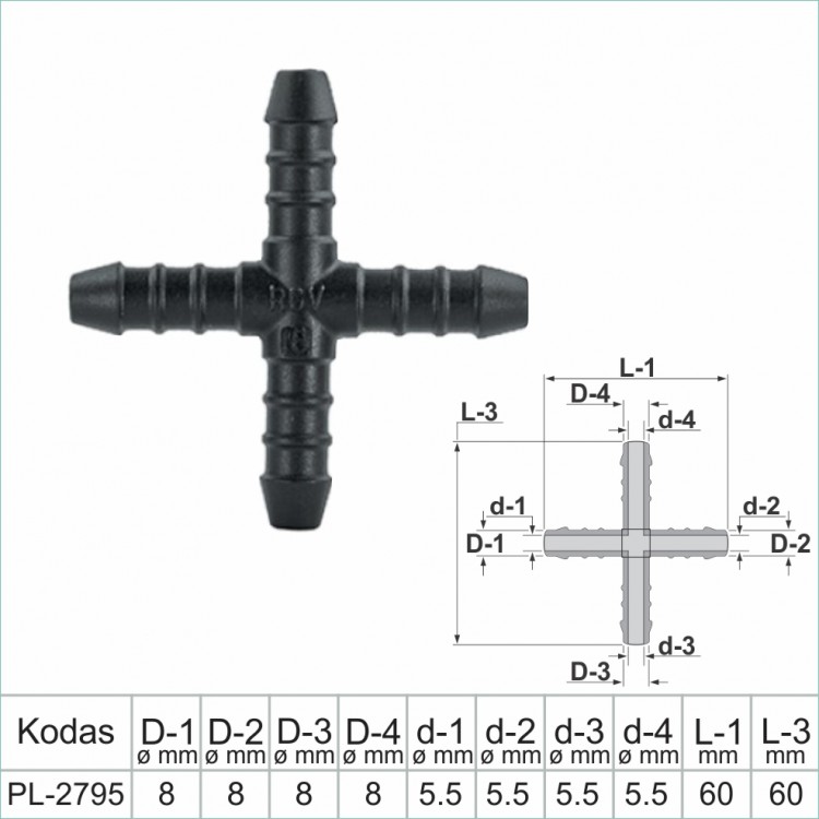 X formos 8 mm vamzdelių sujungimai plastmasiniai