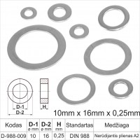 10mm x 16mm x 0,25mm Nerūdijantis plienas A2 plonos poveržlės plokščios atraminiai žiedai DIN 988 žiedas, tarpinės (šaiba)