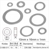 10mm x 16mm x 1mm Nerūdijantis plienas A2 plonos poveržlės plokščios atraminiai žiedai DIN 988 žiedas, tarpinės (šaiba)