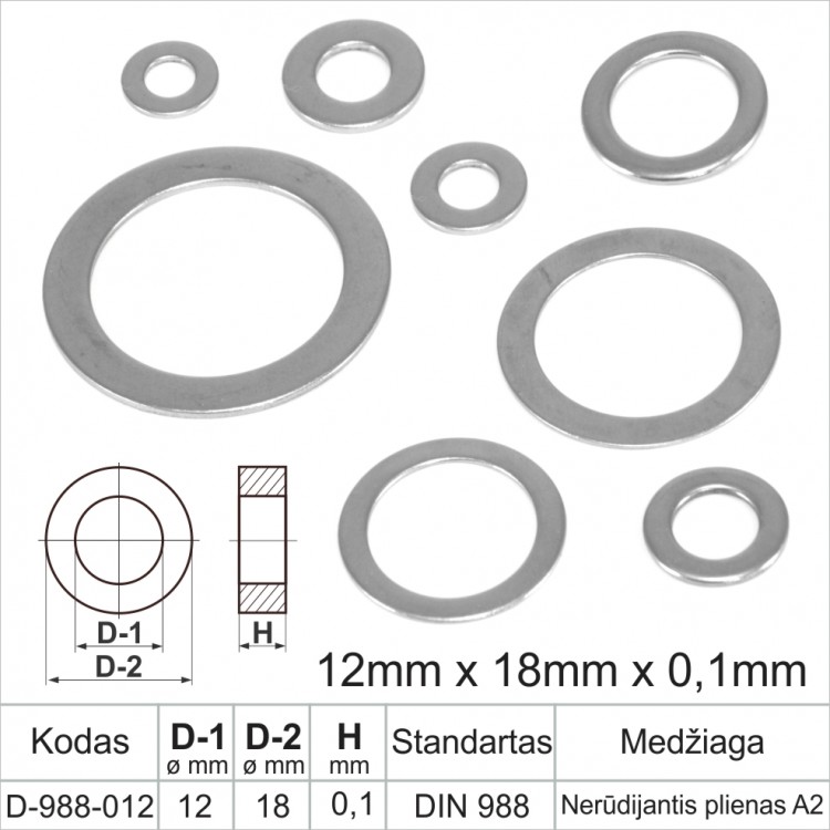 12mm x 18mm x 0,1mm Nerūdijantis plienas A2 plonos poveržlės plokščios atraminiai žiedai DIN 988 žiedas, tarpinės (šaiba)