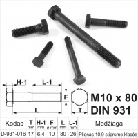 M10 x 80 Varžtai šešiakampe galvele nepilnu sriegiu (10x1,5) DIN931 plienas 10.9 klasė be padengimo