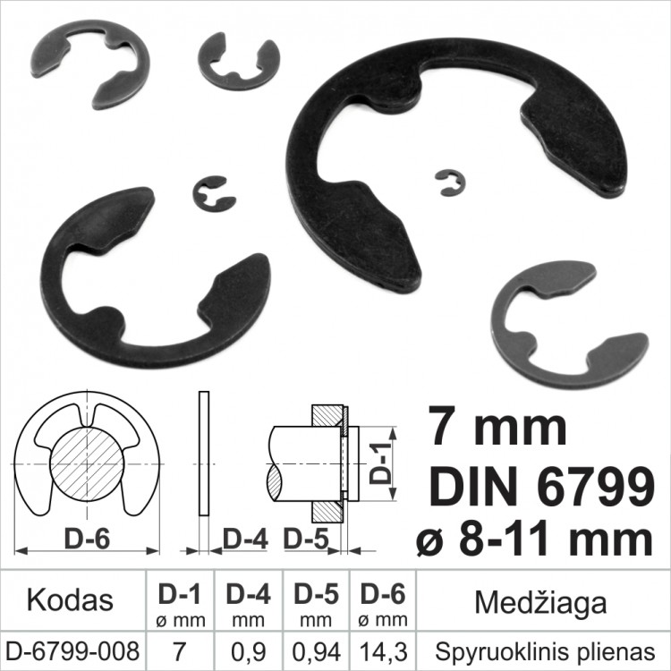 7 mm DIN 6799 Velenams 8-11 mm Fiksacinis žiedas išorinis, fiksavimo žiedai spyruoklinis plienas