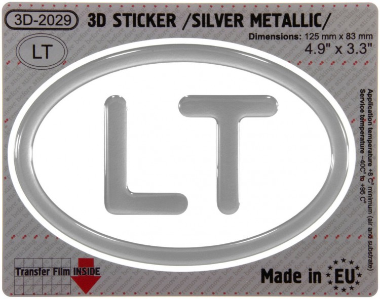 125 x 83 mm LT Lietuva Iškilus polimerinis lipdukas 3D sidabrinis