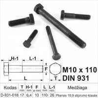 M10 x 110 Varžtai šešiakampe galvele nepilnu sriegiu (10x1,5) DIN931 plienas 10.9 klasė be padengimo