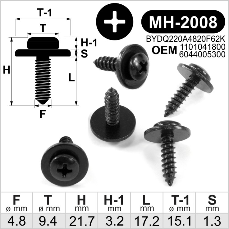 4.8x17.2mm / 15.1 Savisriegis su galvute ir poveržle, juodi varžtai automobiliams tinka OEM 6044005300,1101041800, BYDQ220A4820F62K