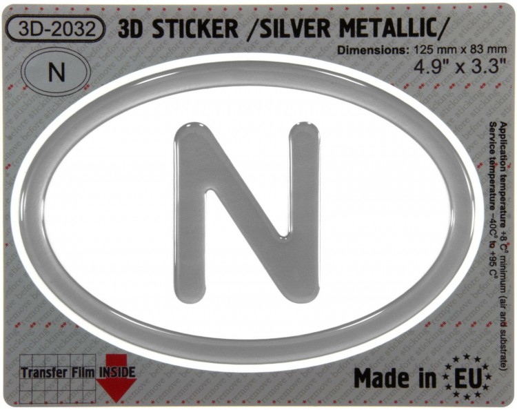 125 x 83 mm N Norway Iškilus polimerinis lipdukas 3D sidabrinis