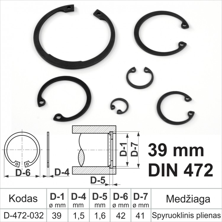 39 mm DIN 472 Fiksacinis žiedas vidinis, fiksavimo žiedai kiaurymėms spyruoklinis plienas