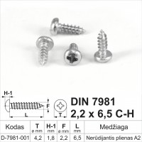 DIN 7981 2,2x6,5 C-H Nerūdijantis plienas A2 Savisriegiai metalui pusapvalia galvute, savisriegis (sraigtai)