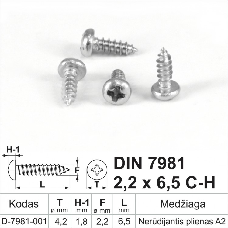 DIN 7981 2,2x6,5 C-H Nerūdijantis plienas A2 Savisriegiai metalui pusapvalia galvute, savisriegis (sraigtai)