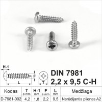 DIN 7981 2,2x9,5 C-H Nerūdijantis plienas A2 Savisriegiai metalui pusapvalia galvute, savisriegis (sraigtai)