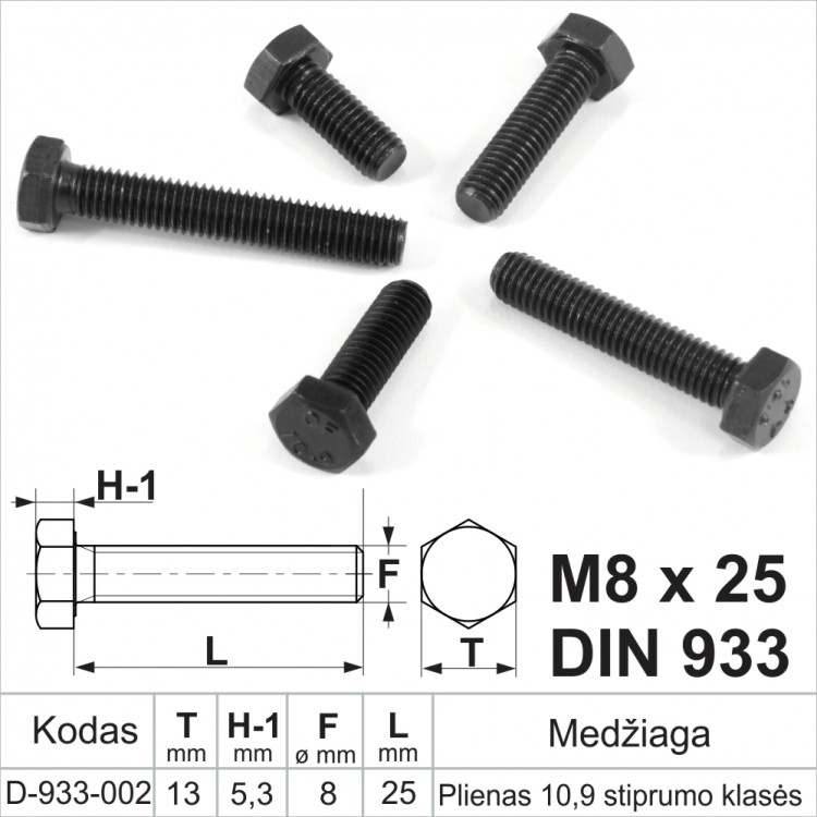 M8 x 25 Varžtai šešiakampe galvele pilnu sriegiu (8x1,25) DIN933 plienas 10.9 klasė be padengimo