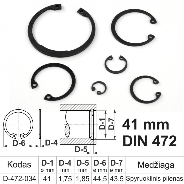 41 mm DIN 472 Fiksacinis žiedas vidinis, fiksavimo žiedai kiaurymėms spyruoklinis plienas