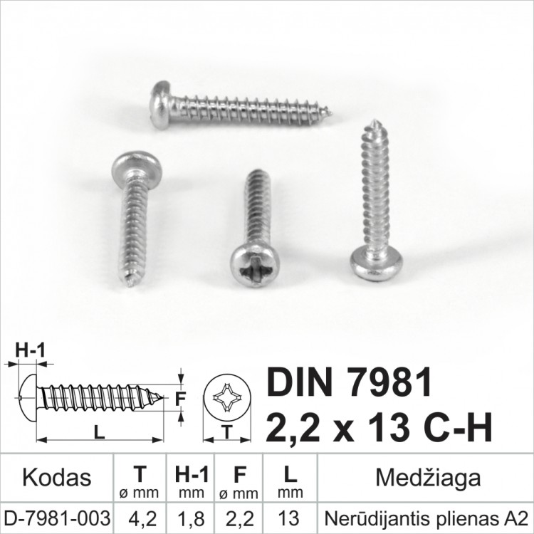 DIN 7981 2,2x13 C-H Nerūdijantis plienas A2 Savisriegiai metalui pusapvalia galvute, savisriegis (sraigtai)