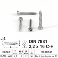 DIN 7981 2,2x16 C-H Nerūdijantis plienas A2 Savisriegiai metalui pusapvalia galvute, savisriegis (sraigtai)