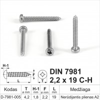 DIN 7981 2,2x19 C-H Nerūdijantis plienas A2 Savisriegiai metalui pusapvalia galvute, savisriegis (sraigtai)