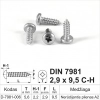 DIN 7981 2,9x9,5 C-H Nerūdijantis plienas A2 Savisriegiai metalui pusapvalia galvute, savisriegis (sraigtai)