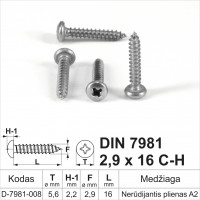 DIN 7981 2,9x16 C-H Nerūdijantis plienas A2 Savisriegiai metalui pusapvalia galvute, savisriegis (sraigtai)