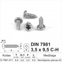 DIN 7981 3,5x9,5 C-H Nerūdijantis plienas A2 Savisriegiai metalui pusapvalia galvute, savisriegis (sraigtai)