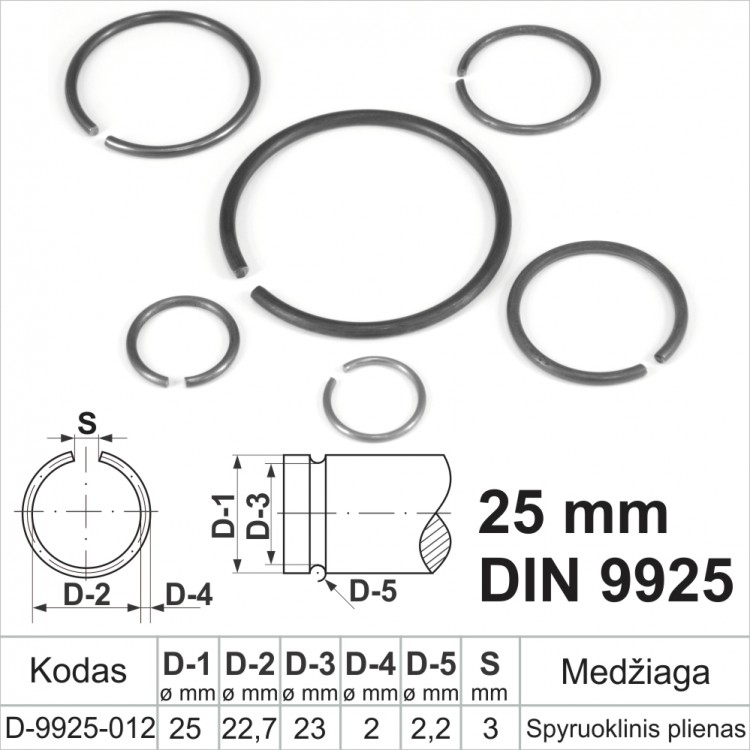 25 mm Fiksacinis žiedas išorinis, fiksavimo žiedai velenams spyruoklinis plienas