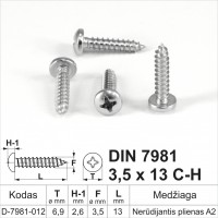 DIN 7981 3,5x13 C-H Nerūdijantis plienas A2 Savisriegiai metalui pusapvalia galvute, savisriegis (sraigtai)