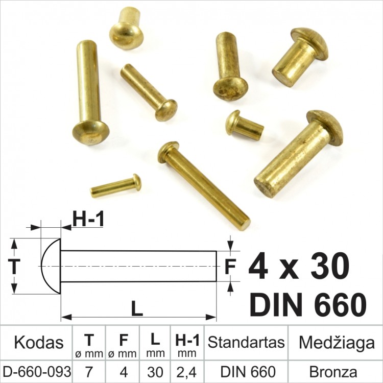 4x30 mm Užplakamos bronzinės kniedės, pusapvalia galvute
