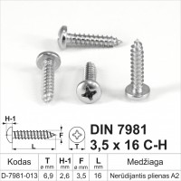 DIN 7981 3,5x16 C-H Nerūdijantis plienas A2 Savisriegiai metalui pusapvalia galvute, savisriegis (sraigtai)