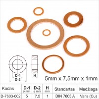 5mm x 7,5mm x 1mm Varinės sandarinimo poveržlės plokščios DIN 7603 A žiedas, tarpinės (šaiba)