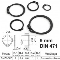 9 mm DIN 471 Fiksacinis žiedas išorinis, fiksavimo žiedai velenams spyruoklinis plienas