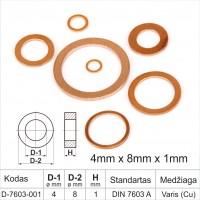 4mm x 8mm x 1mm Varinės sandarinimo poveržlės plokščios DIN 7603 A žiedas, tarpinės (šaiba)