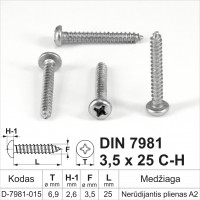 DIN 7981 3,5x25 C-H Nerūdijantis plienas A2 Savisriegiai metalui pusapvalia galvute, savisriegis (sraigtai)
