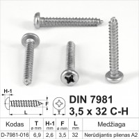 DIN 7981 3,5x32 C-H Nerūdijantis plienas A2 Savisriegiai metalui, pusapvalė galva, savisriegis (sraigtai)