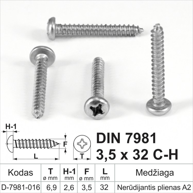 DIN 7981 3,5x32 C-H Nerūdijantis plienas A2 Savisriegiai metalui, pusapvalė galva, savisriegis (sraigtai)
