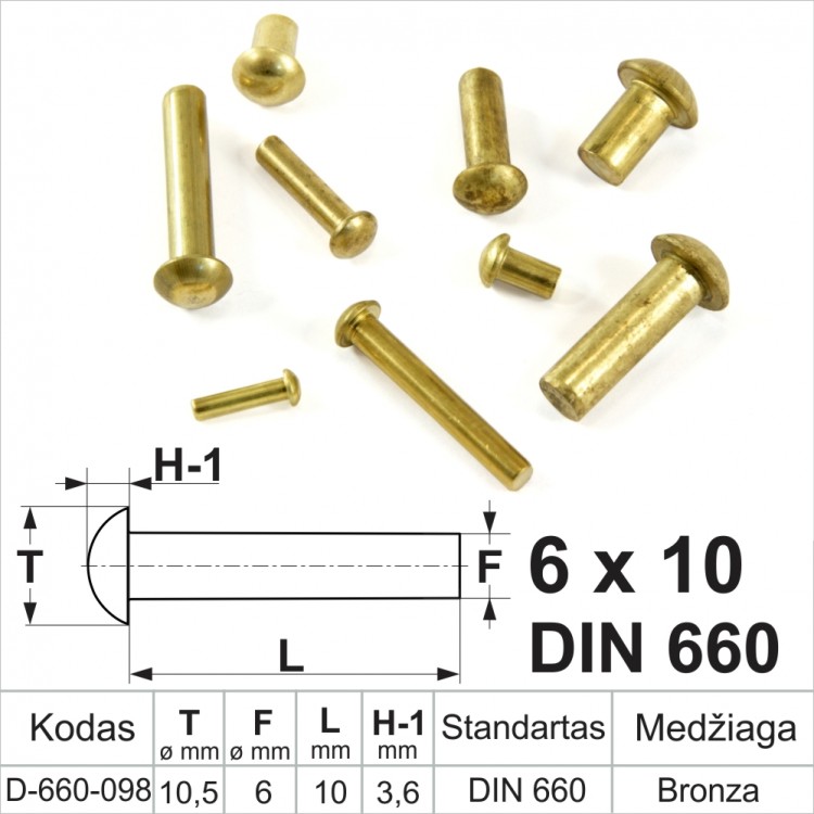 6x10 mm Užplakamos bronzinės kniedės, pusapvalia galvute