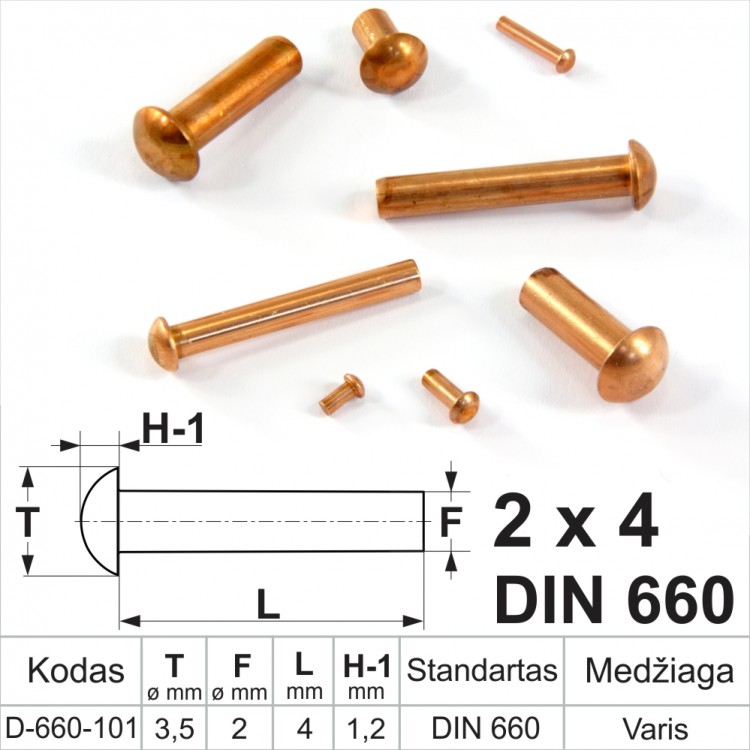 2x4 mm Sealed copper rivets, round head