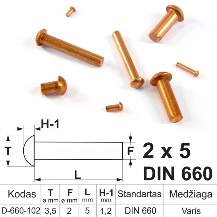2x5 mm Sealed copper rivets, round head
