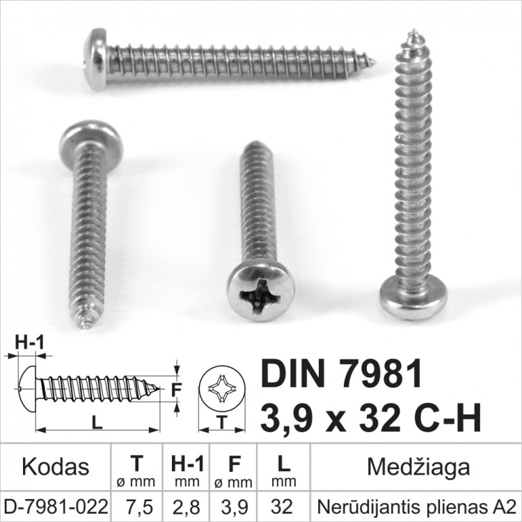 DIN 7981 3,9x32 C-H Nerūdijantis plienas A2 Savisriegiai metalui pusapvalia galvute, savisriegis (sraigtai)