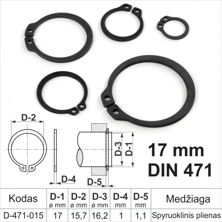 17 mm DIN 471 Fiksacinis žiedas išorinis, fiksavimo žiedai velenams spyruoklinis plienas