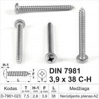 DIN 7981 3,9x38 CH Stainless steel A2 Self-tapping screws for metal with round head, self-tapping screw