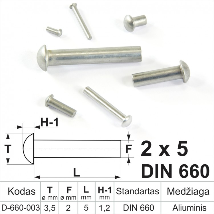 2x5 mm Užplakamos aliuminės kniedės, pusapvalia galvute